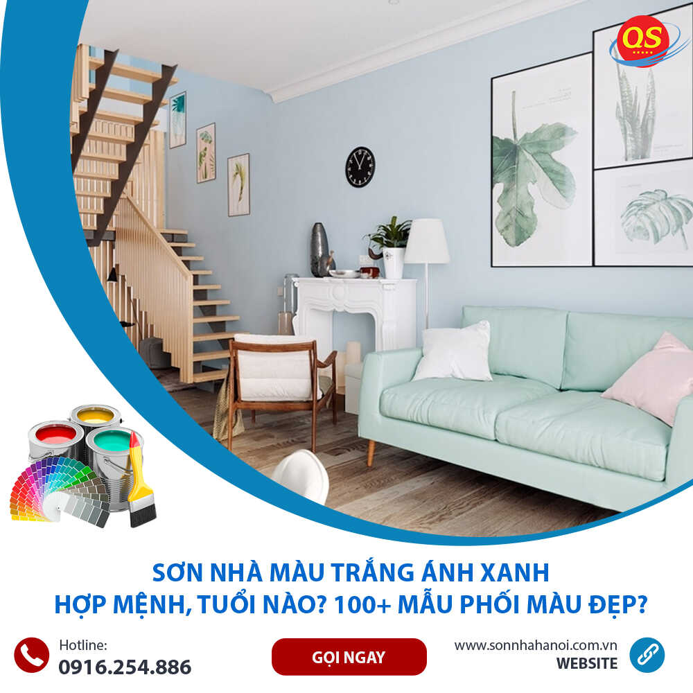 Sơn màu trắng ánh xanh cho phòng khách