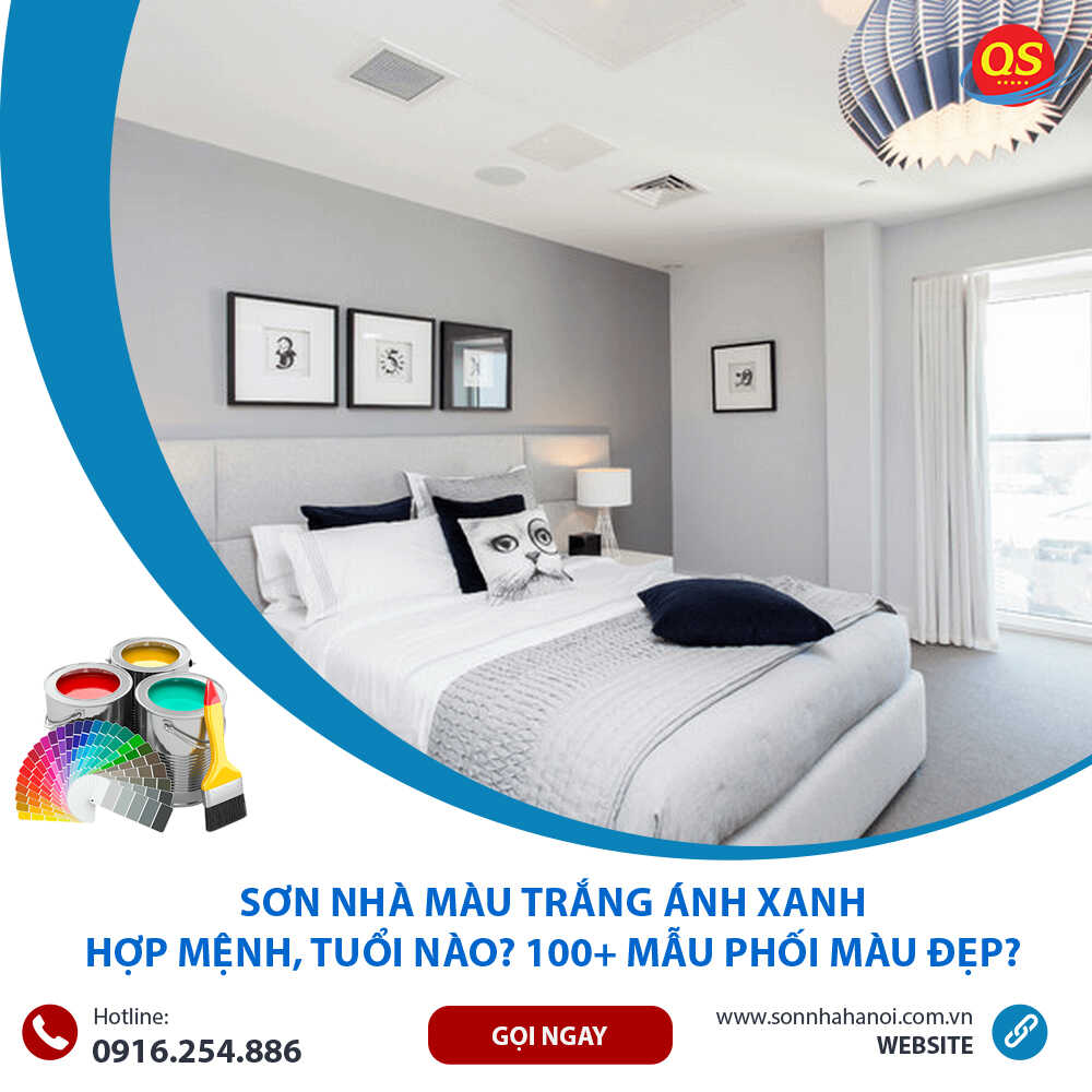 Sơn màu trắng ánh xanh cho phòng ngủ