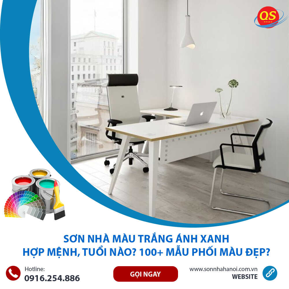 Sơn màu trắng ánh xanh cho phòng làm việc