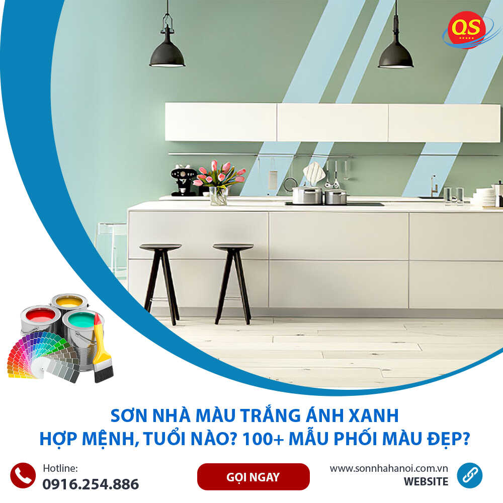 Sơn màu trắng ánh xanh cho nhà bếp