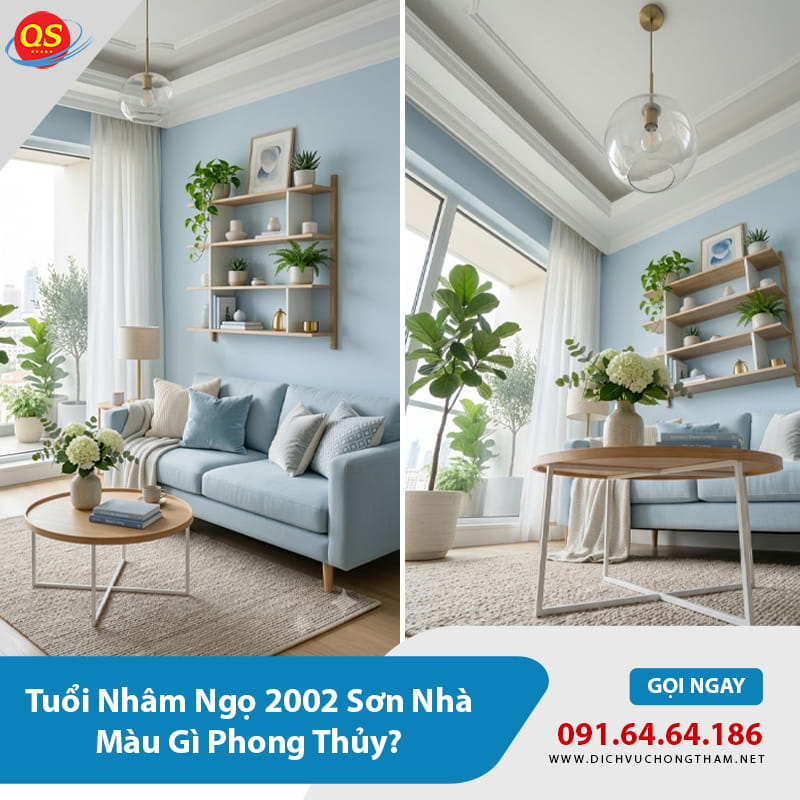 Phòng khách sơn xanh dương pastel kết hợp trần trắng. 
