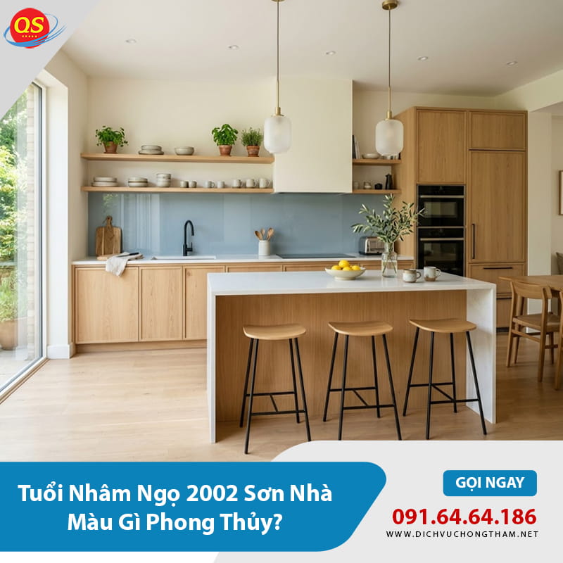 Không gian bếp sử dụng tường trắng kem kết hợp tủ gỗ sáng và kính bếp xanh ghi, tạo cảm giác sạch sẽ, ấm cúng