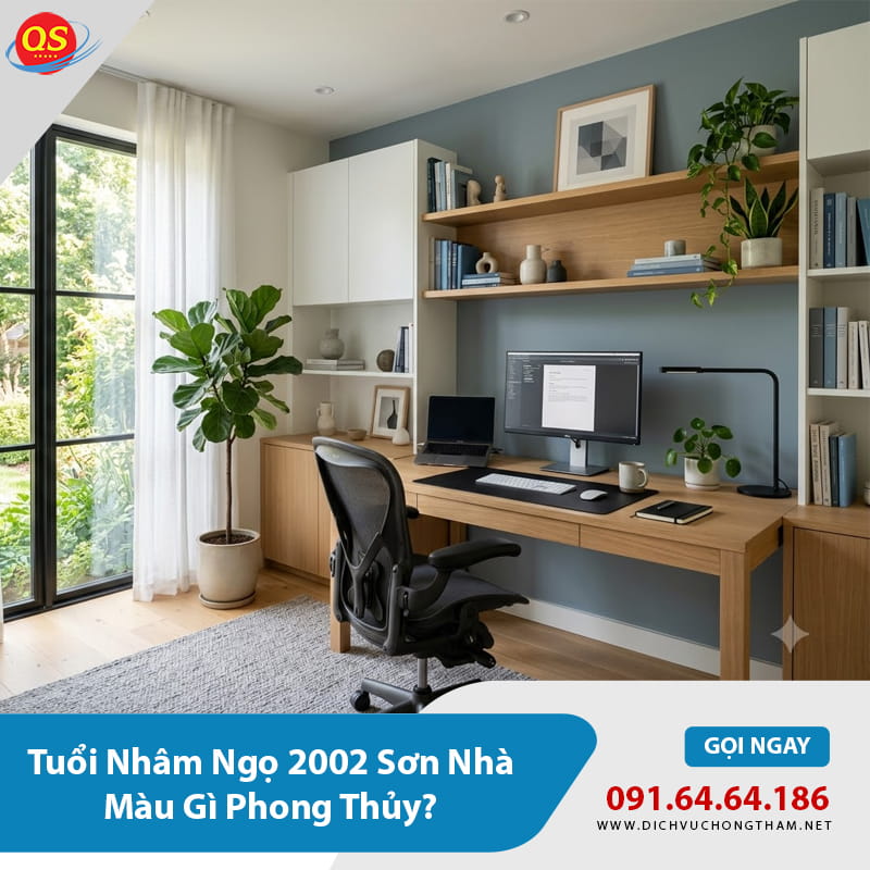 Phòng làm việc phối xanh ghi và trắng giúp tăng cảm giác tập trung