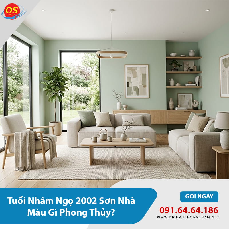 Phòng khách sử dụng tường xanh lá pastel kết hợp nội thất gỗ sáng, tạo không gian thư thái và phù hợp với gia chủ tuổi Nhâm Ngọ 2002.