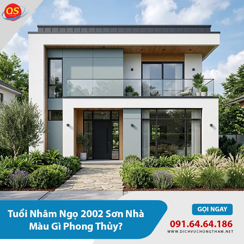 Mẫu mặt tiền phối màu trắng kết hợp xanh ghi tạo điểm nhấn hiện đại, phù hợp với gia chủ tuổi Nhâm Ngọ 2002 và giúp công trình luôn bền đẹp theo thời gian.