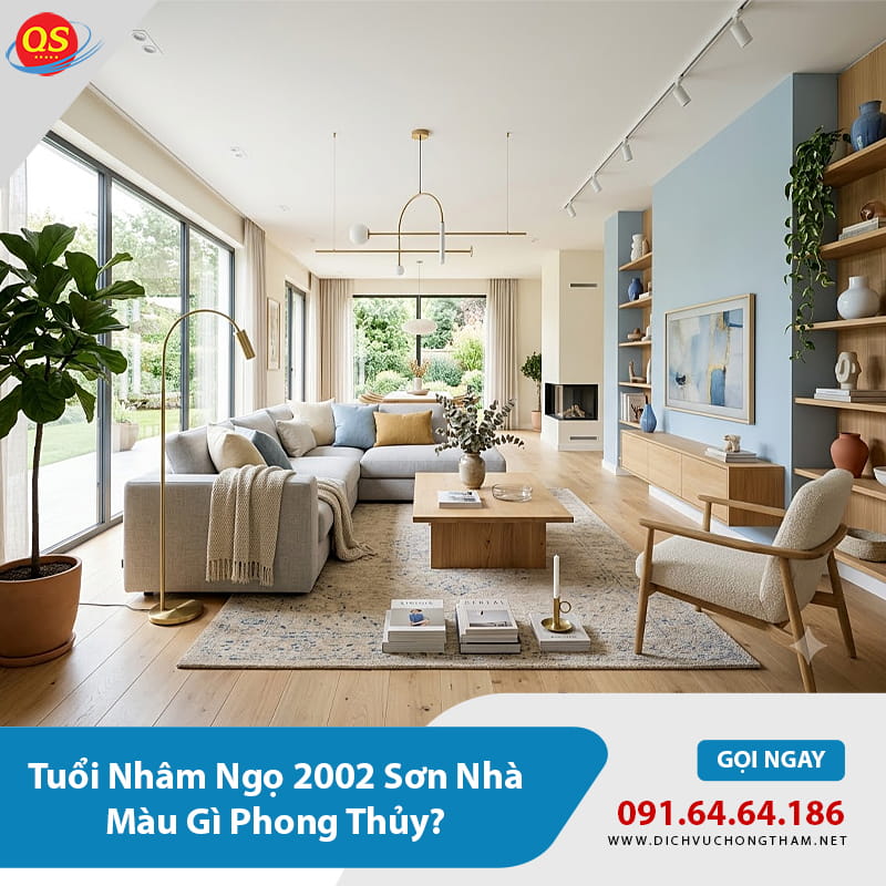 Phòng khách sử dụng tường trắng kem kết hợp mảng nhấn xanh dương pastel, mang đến không gian sang trọng, rộng rãi