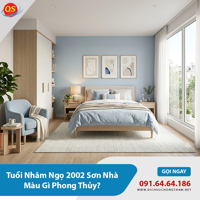 Phòng ngủ phối màu trắng và xanh dương nhạt tạo cảm giác thư thái, dễ chịu, giúp gia chủ tuổi 2002